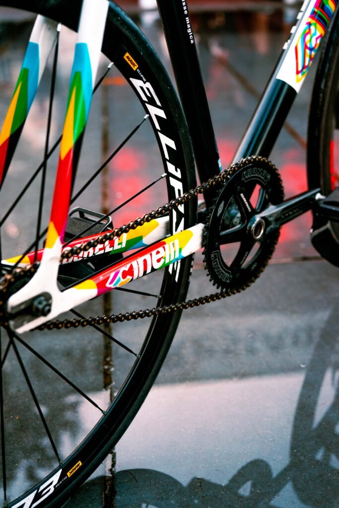 Cadre Cinelli coloré et roue arrière près du miroir d’eau.