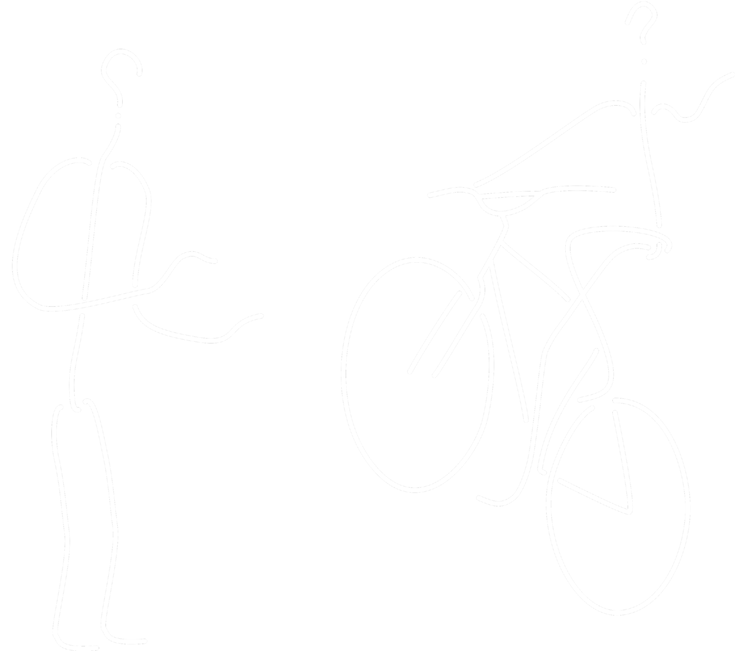 Dessins au trait blanc d’un personnage et d’un rider levant la roue avant de son vélo.